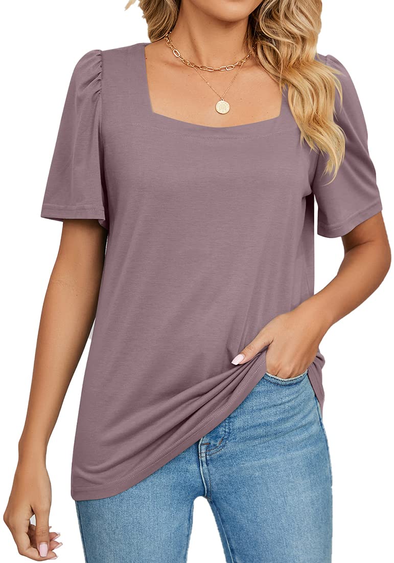 MEDUOLA Mujer Camiseta con Cuello Cuadrado T-Shirt de Mangas Cortas Básico para Verano Top Casual de Color Sólido