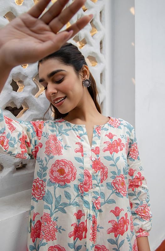 Image of Janasya Women's Pure Cotton Floral Printed A-Line Tunic