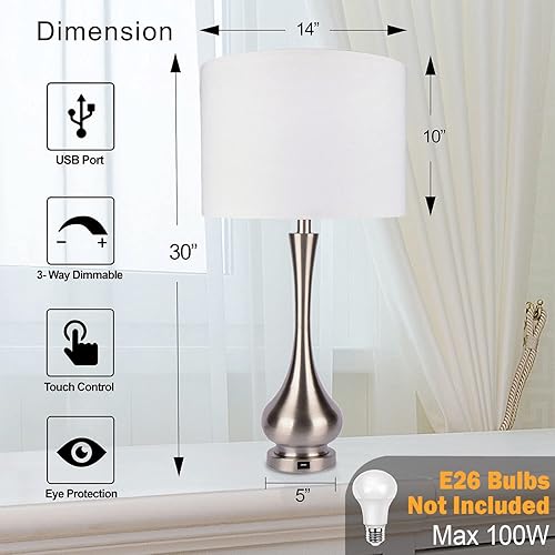 Miniatura 3 de Juego de 2 lámparas de mesa modernas grandes de 30 pulgadas para sala de estar y dormitorio con puerto de carga USB, 3 vías regulables de acero