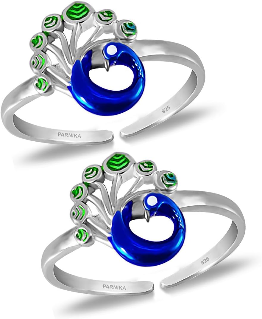 MJ Exuberant Colourful Peacock Design Toe Rings in Pure 92.5 Sterling Silver for Women | Chandi bichiya | With Certificate of Authenticity |