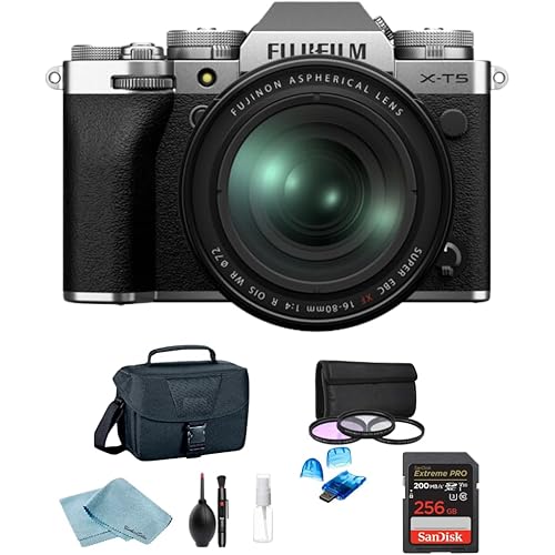 Fujifilm X-T5 Mirrorless Camera w/ XF16-80mm f/4 R OIS WR Lens, 256GB SanDisk Extreme Pro, Camera Bag, 3-Piece Filter Set, Card Reader & BluebirdSales Cleaning Kit (Silver)