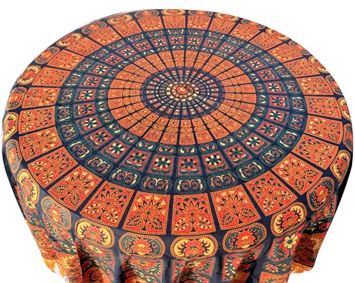 Image of Dining Round Tablecloth 100% Cotton Multicolor Floral Bird Printed 4-6 Seater Round Table Cover with White Fringed Lace Border 75 inch (Orange red Blue RHF-5014)