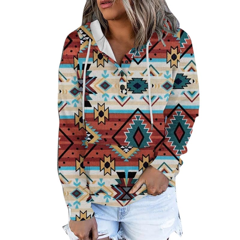 Sweat à capuche imprimé ethnique occidental vêtement manches longues femme L