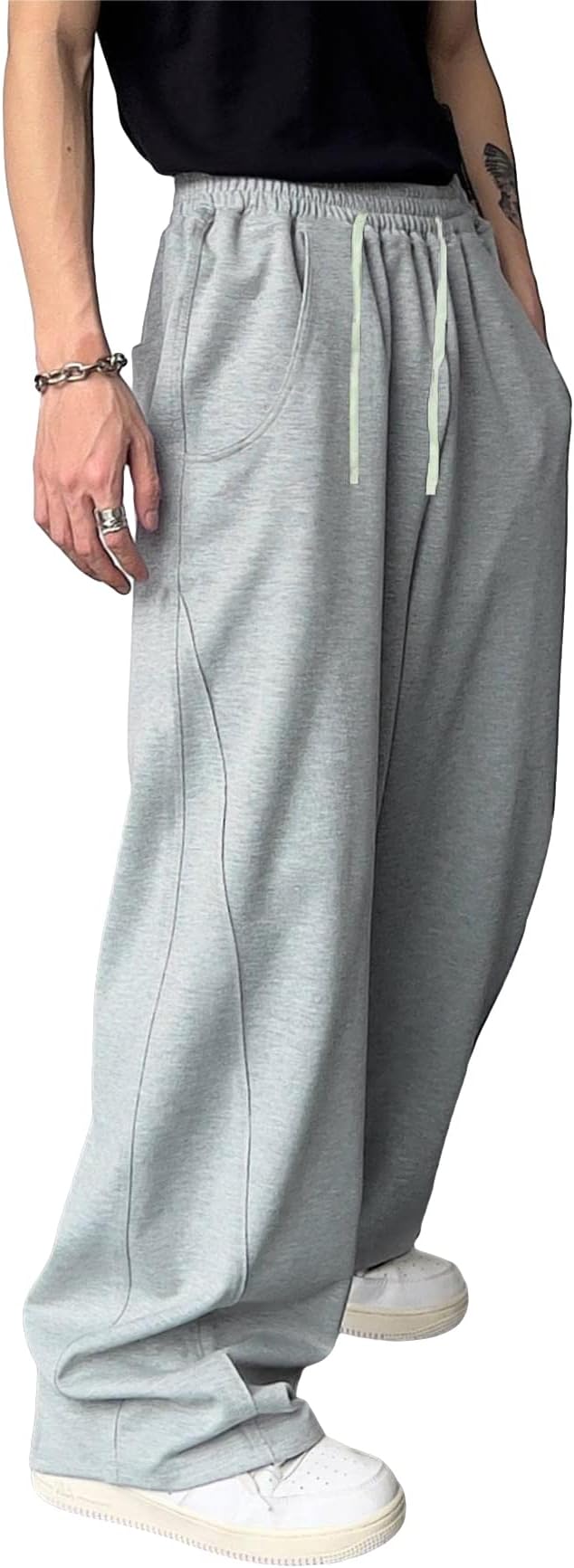 Men's Drawstring Elastic Waist Baggy Sweatpants Y2K Loose Wide Leg Long Pants with Pocket