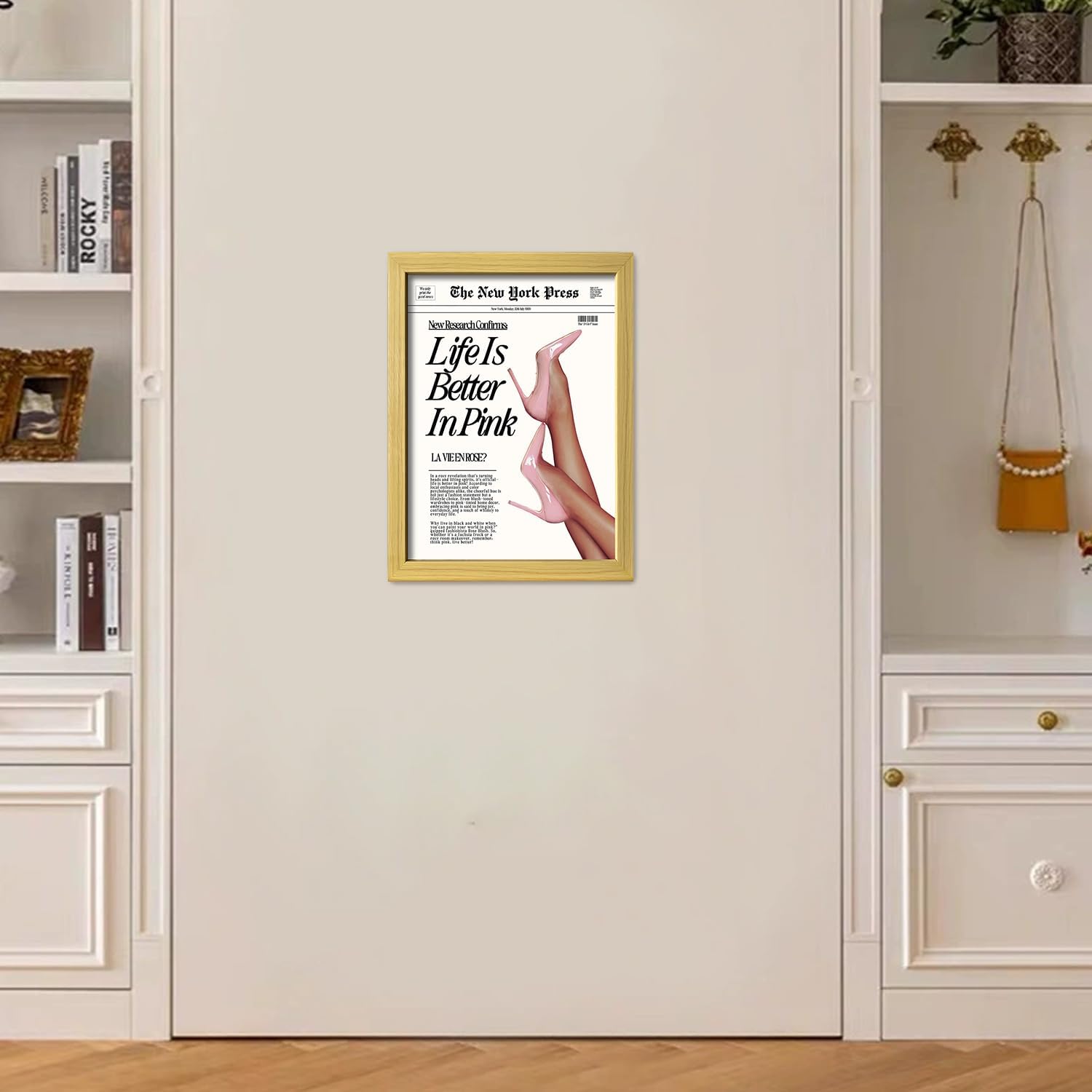 Framed Baby Pink News Wall Art Canvas Print Poster for Room Aesthetic Girly Wall Art Woman Bedroom Apartment Decor