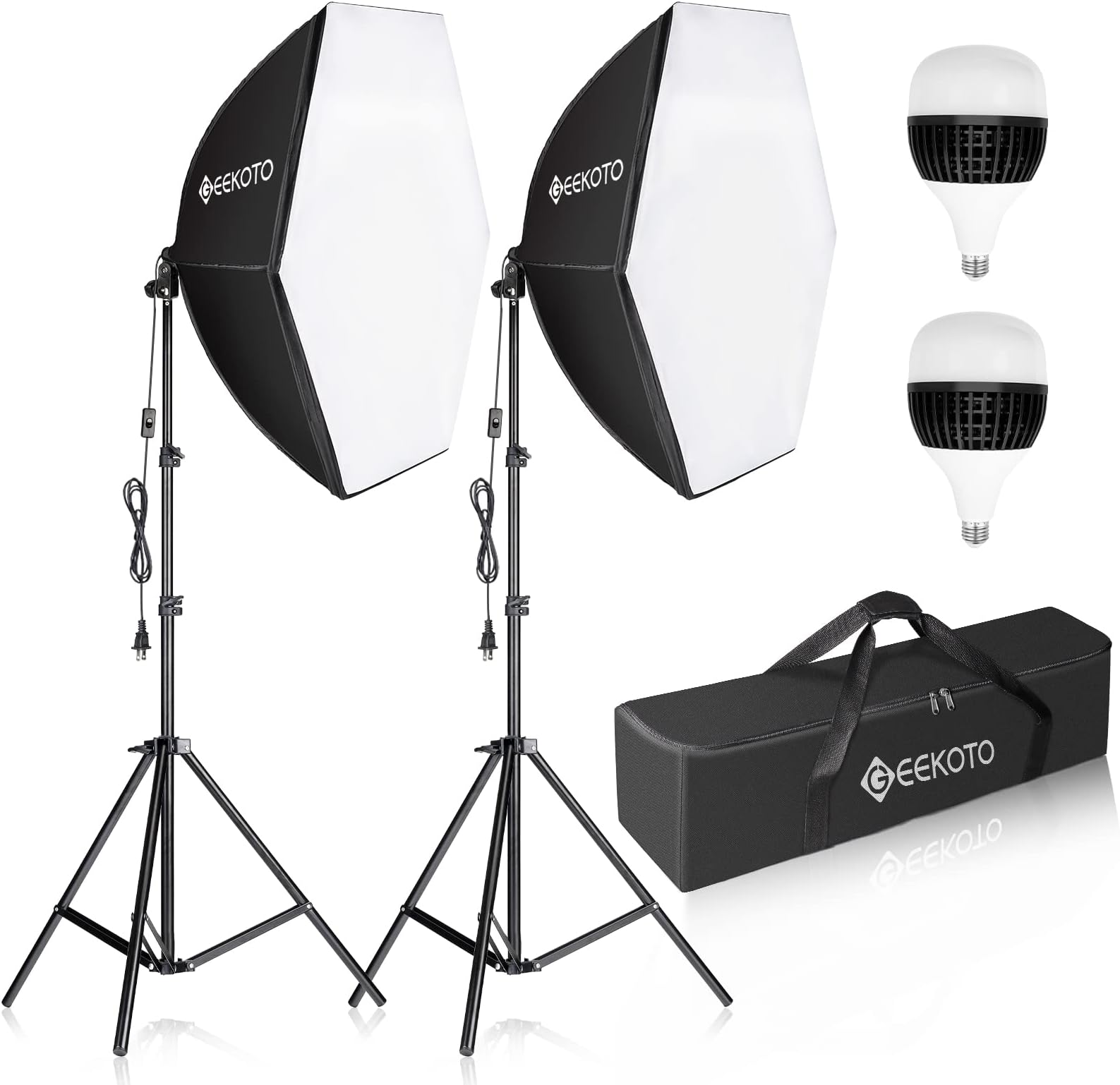 GEEKOTO Softbox Photography Lighting Kit: Professional Studio Continuous Lighting Equipment with 60W 5400K E27 Socket & 2 Reflectors 50 x 70 cm & 2 Bulbs for Filming Studio Lighting, black, white