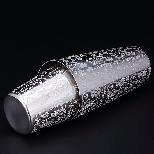 Miniatura 4 de Estaño coctelera Boston de acero inoxidable con patrón grabado  2 piezas coctelera sin peso de 18 onzas y 28 onzas, mezclador de bebidas Martini