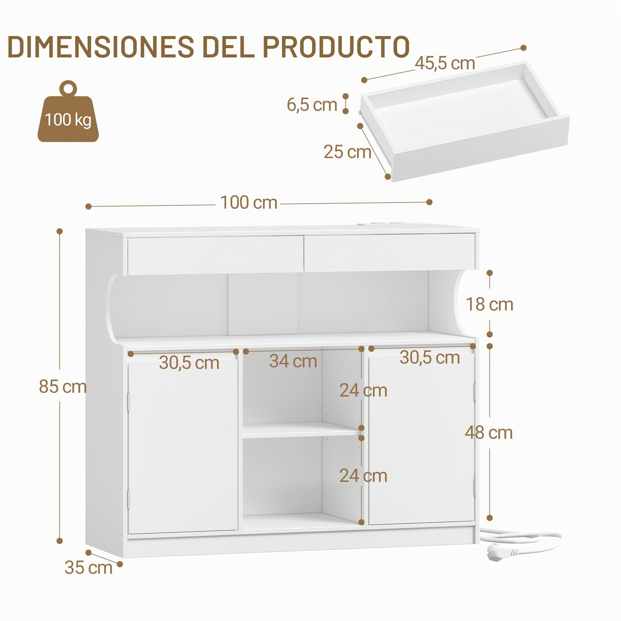 Hzuaneri Aparador Armario de Cocina con 2 Cajones y 2 Puertas, Blanco