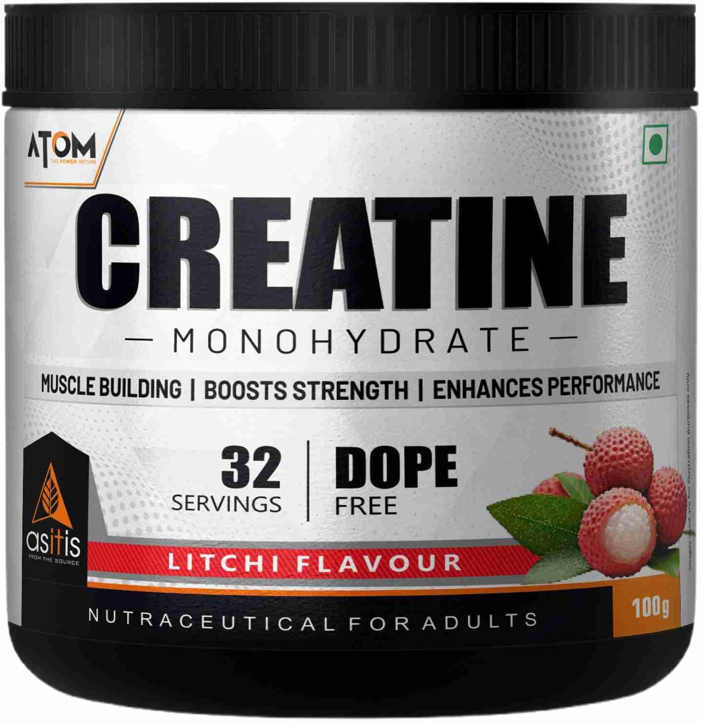 AS-T-IS Nutrition ATOM Creatine Monohydrate Powder 100G-32 Servings | Dope Free | Enhances Performance | Promotes Muscle Gains | Litchi