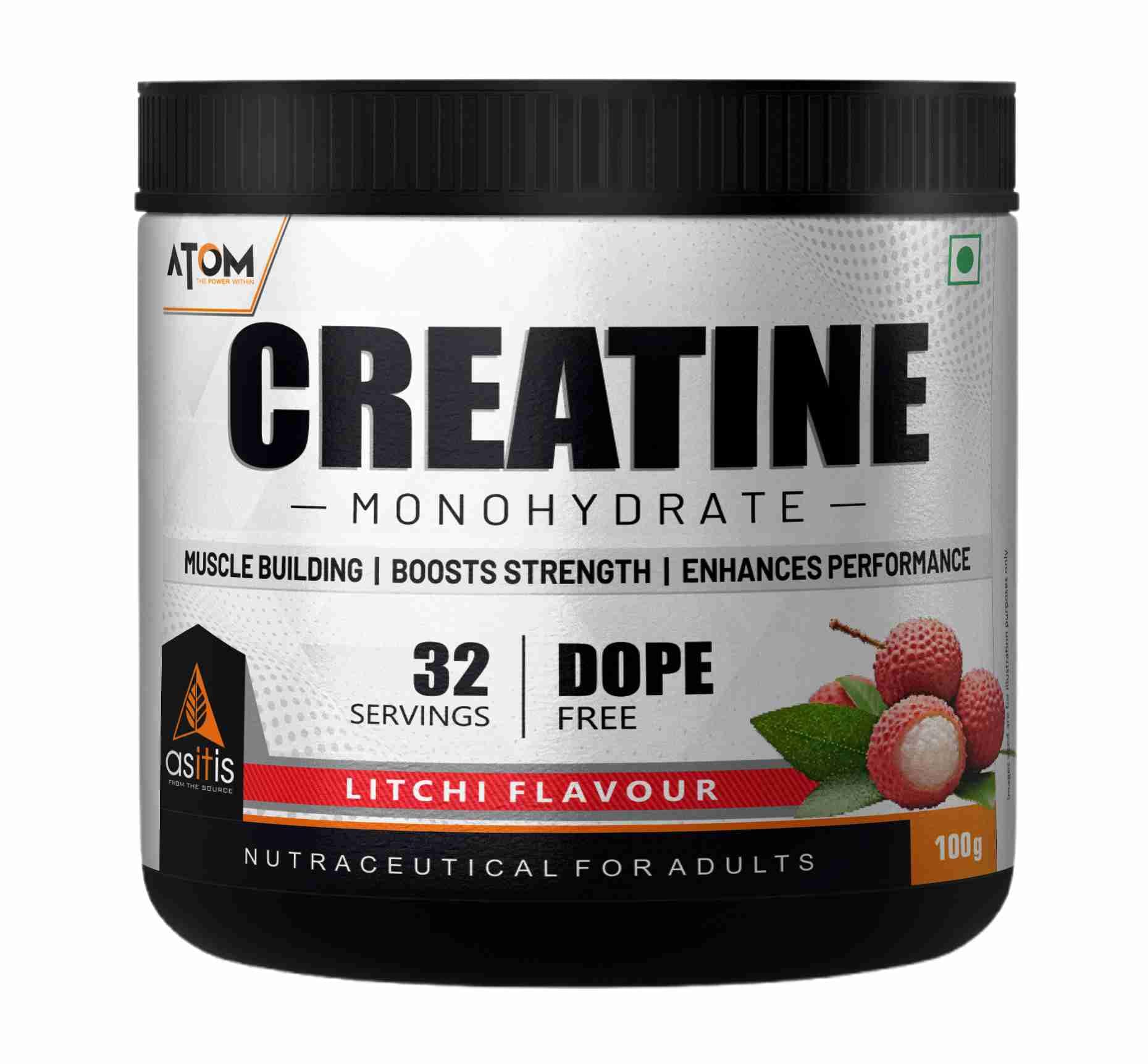 AS-T-IS Nutrition ATOM Creatine Monohydrate Powder 100G-32 Servings | Dope Free | Enhances Performance | Promotes Muscle Gains | Litchi