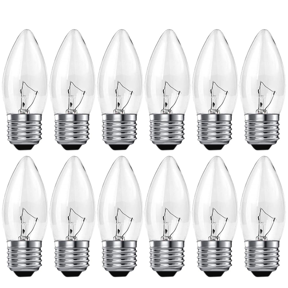 SCOMX 40W Equivalent Incandescent Torpedo Tip Chandelier with Crystal Clear Incandescent Light Bulbs Tip Light Bulb and Medium E26 Candelabra Base (12PACK)
