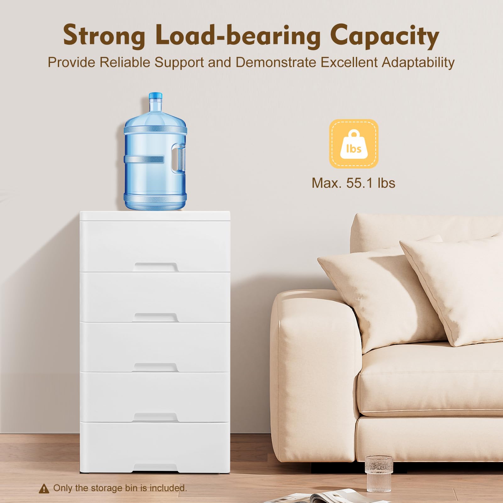 PIAOCAIYIN 5 Drawer Storage Organizer, Stackable Plastic Drawers Tower, Plastic Drawers for Clothes, Vertical Dresser with 4 Wheels, Closet Drawers for Bedrooms, Living Rooms, White