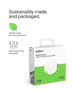 Belkin Compact Charger Block 20W, USB-C Fast Charging - Apple iPhone 17, Air, Pro, Pro Max, Samsung Galaxy S25, iPad, AirPods, Apple Watch, Nintendo Switch 2, Google Pixel 10, etc. - White