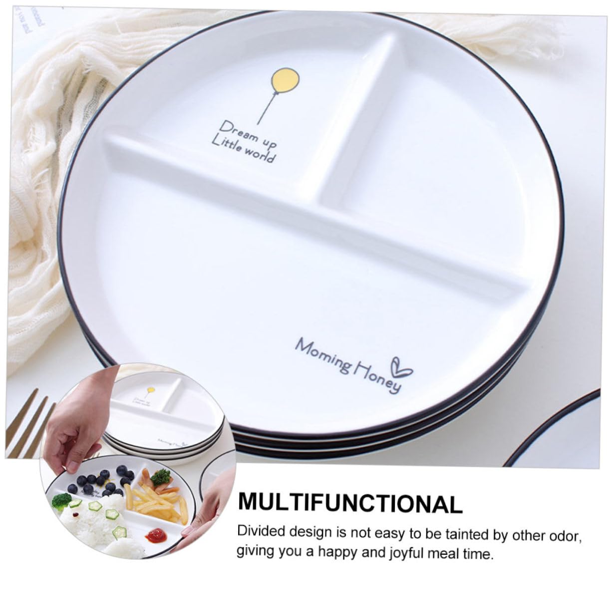 Assiette à Manger à 3 Compartiments en Céramique, Lot de 2