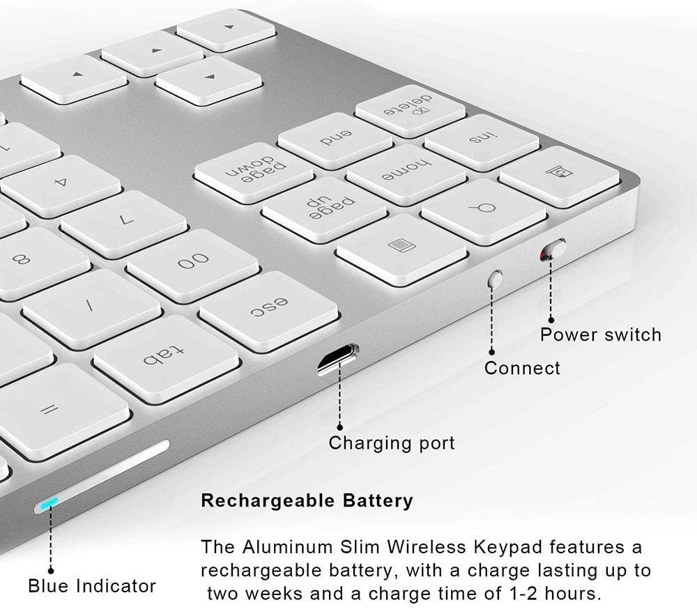 Tastiera numerica, 34 Tasti Portatili USB Tastierino numerico Wireless Ricaricabile Ultra-Silenzioso tampone numerico Esterno (Color : Silver)