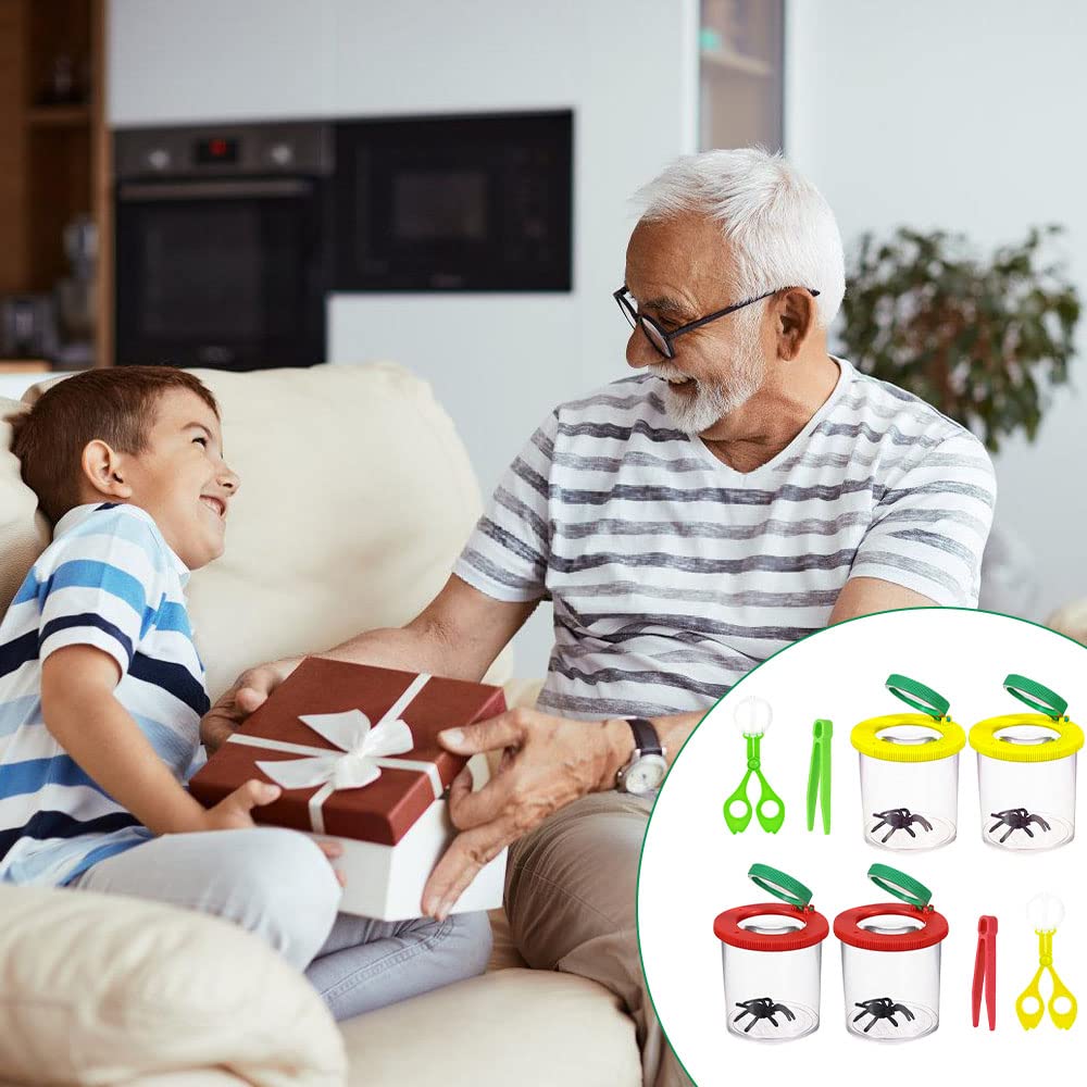 LUFEIS Barattolo per Insetti per Bambini, Educational Toys Barattolo Osserva Insetti, 4 Pezzi Lenti d'Ingrandimento con Pinzette in Plastica, Contenitore per Lente, per Piccoli Animali