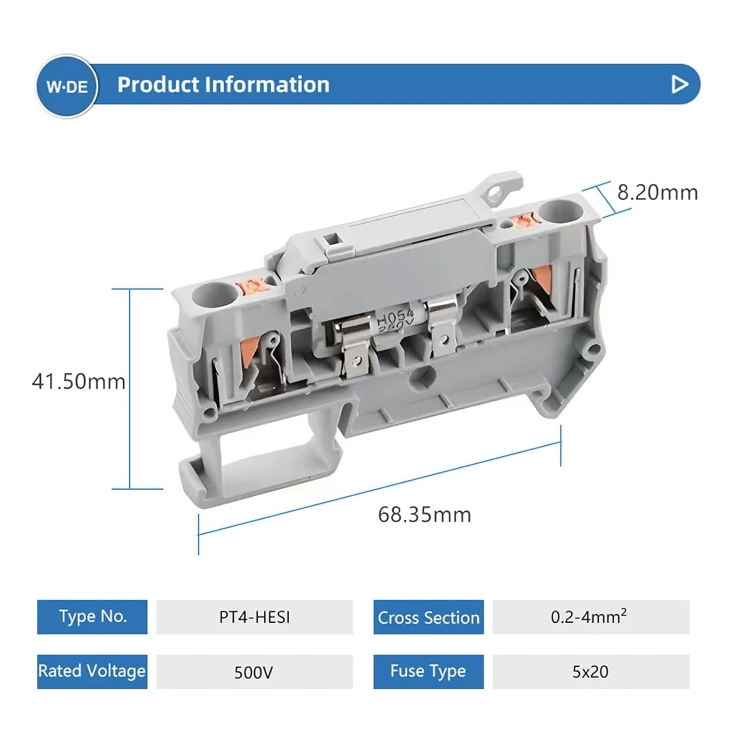5-Pack DIN Rail Terminal Block PT 4-HESI Grey Connector Push-in Spring Fuse Terminal Block Connector Screwless Fuse Holder(4A)