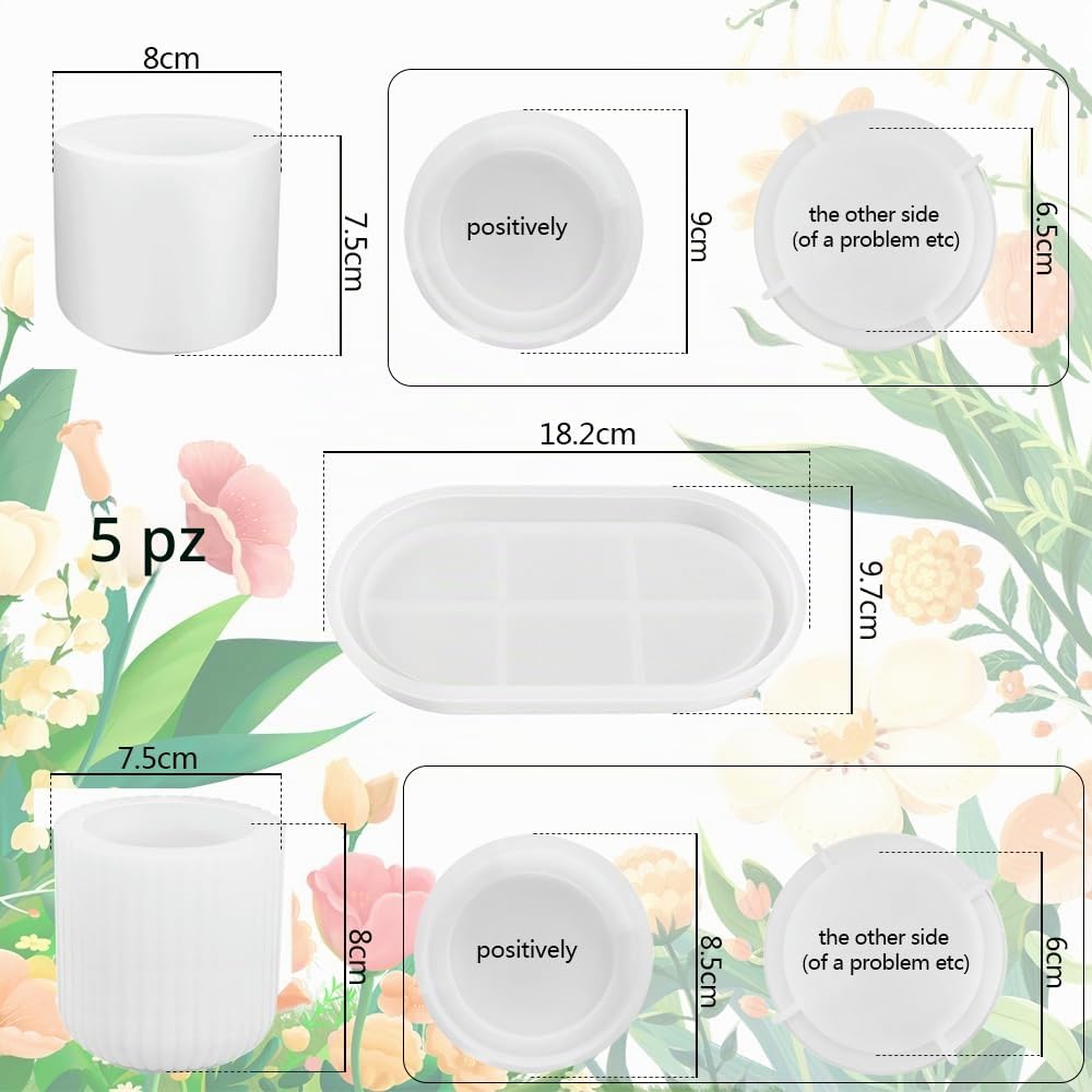 5 stampi in silicone per piante grasse cactus, 2 vasi + 1 pallet + 2 coperchi, Vaso a Forma di Resina Epossidica, per vasi fai da te, in silicone, per vaso, in silicio, fatti a mano