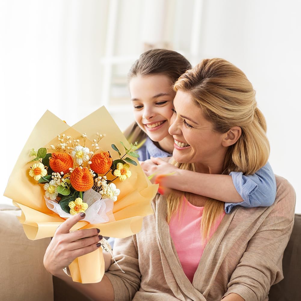 BSRTOP Crochet Flower Bouquet Tulips: Artificial Handmade Knitted Tulip Bouquet for Mother's Day | Birthday | Home Decor (Orange)