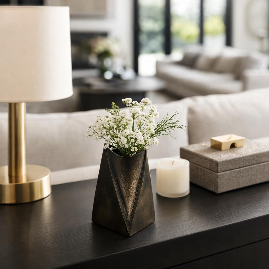 Modern Metal Vase for Living Room Decor Appeal - Sculpted Home Accents with Angular Silhouette - Decorative V-Shaped Flower Vase for Room, Bedroom, Office, and Table Display - 8", Gunmetal & Metallic