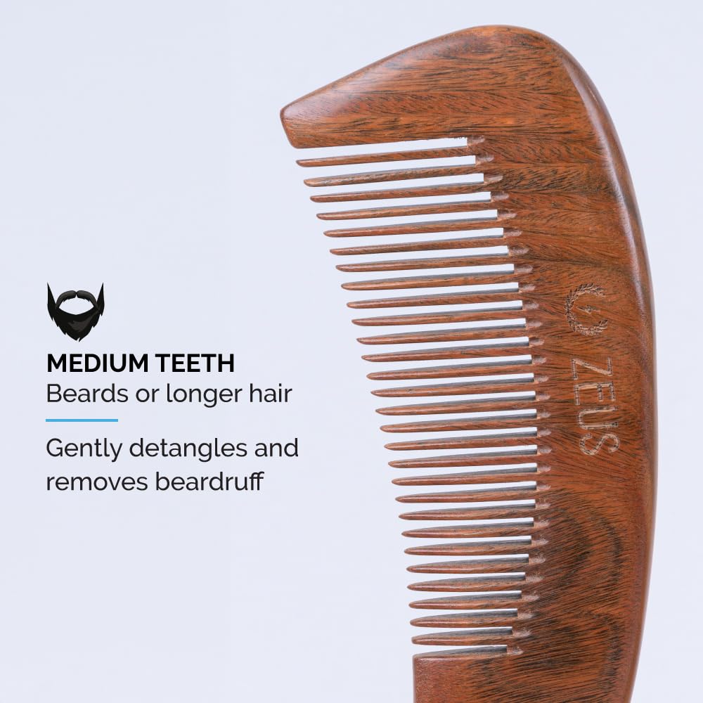 ZEUS Peine de barba de sándalo grande Boomerang en vaina de cuero, peine de pelo de madera orgánica natural - M31