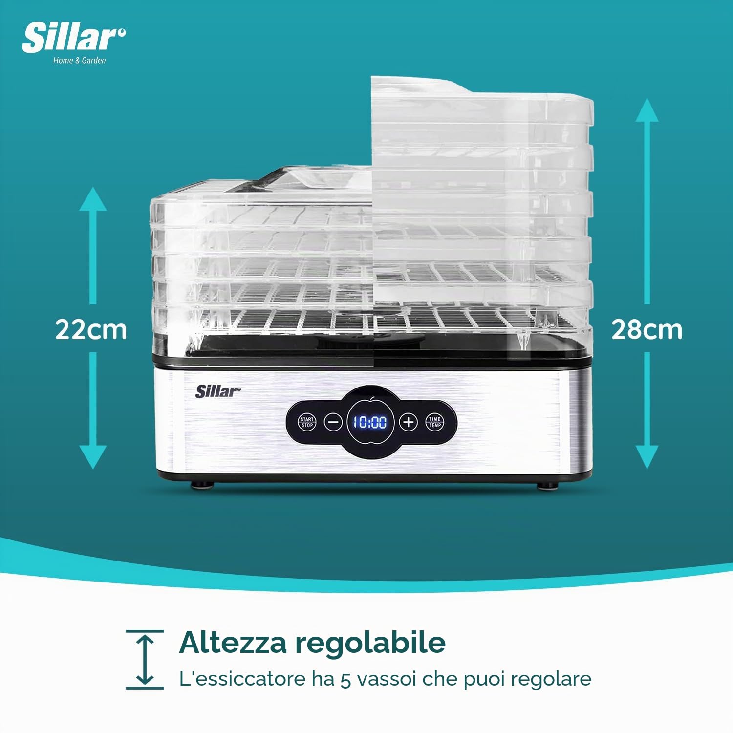 Sillar Essiccatore frutta e verdura, 5 vassoi, Disidratatore per Alimenti, Essiccatore Alimentare, Temperatura regolabile (35°-70°C), Timer di 99 ore, 240W