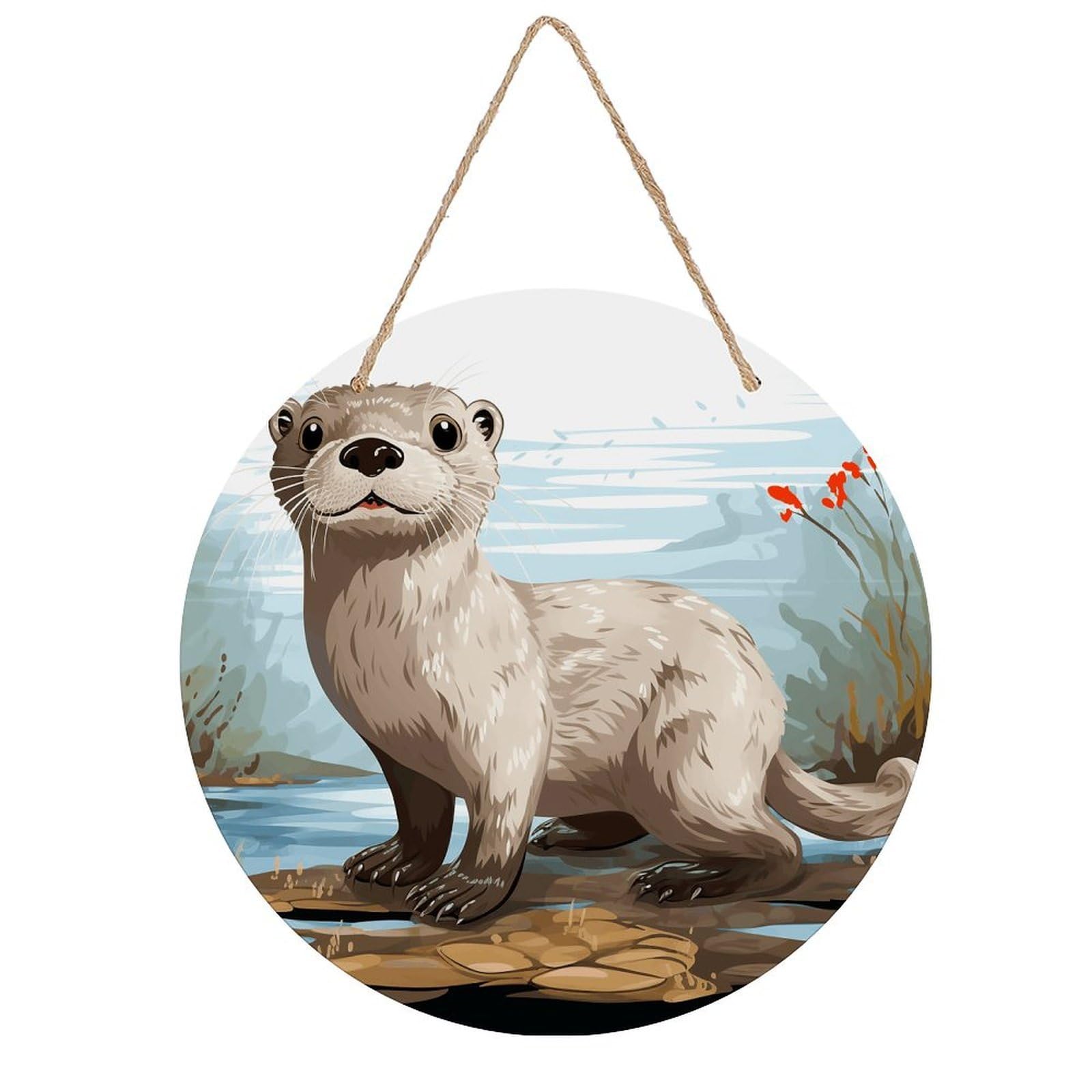 VstaDank Otter Wall Decor Round Wood Hanging Sign 7.9x7.9 in Wooden Circle Door Hanger with Ropes, Rustic Wall Art Decor for Home Front Door Indoor Outdoor Decoration