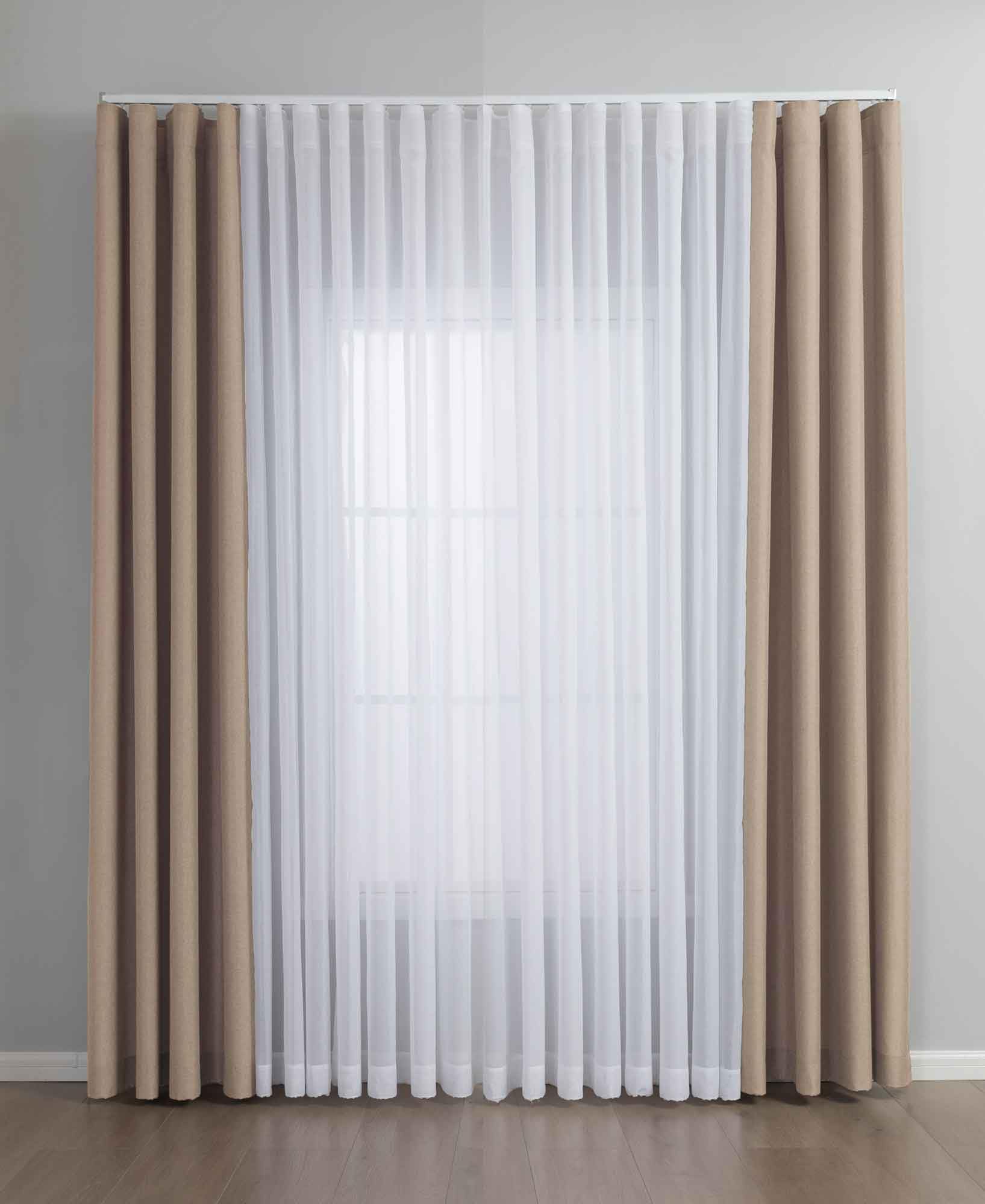 Gardinen-Set 3-teilig S Wien« | 2 Vorhänge Leinenoptik HxB 245x145 cm Taupe und 1 Voile Batist Store HxB 245x300 cm Weiß 1:2 Wellenband 2025100-110S1