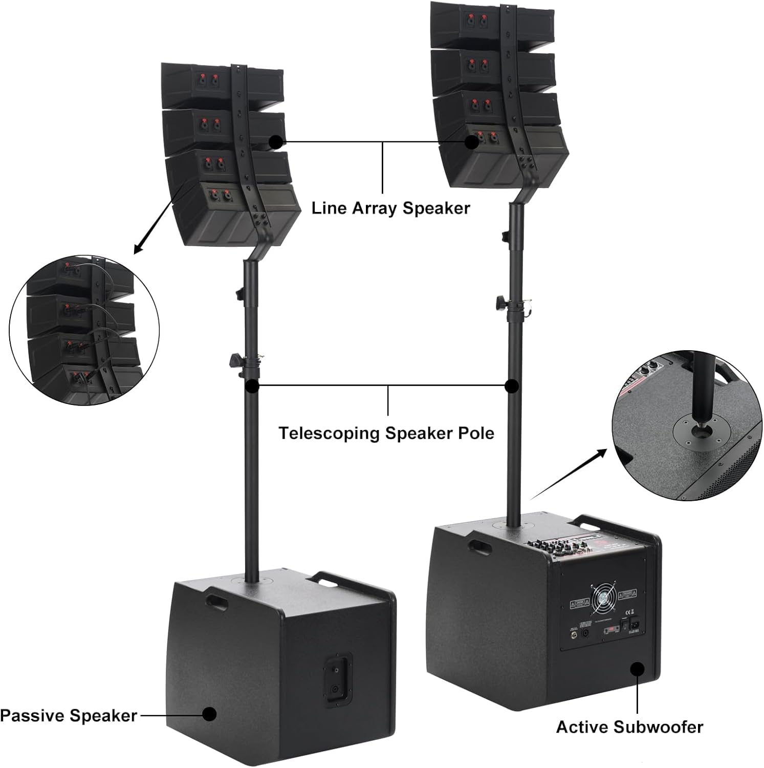 EXOTON LVP-212 12-inch Active Line Array System,3000w Professional Bluetooth PA Speaker，2 Subwoofer and 8 line Array Speakers,USB/SD Card,Remote Control,5-Band EQ(Wood Subwoofer)