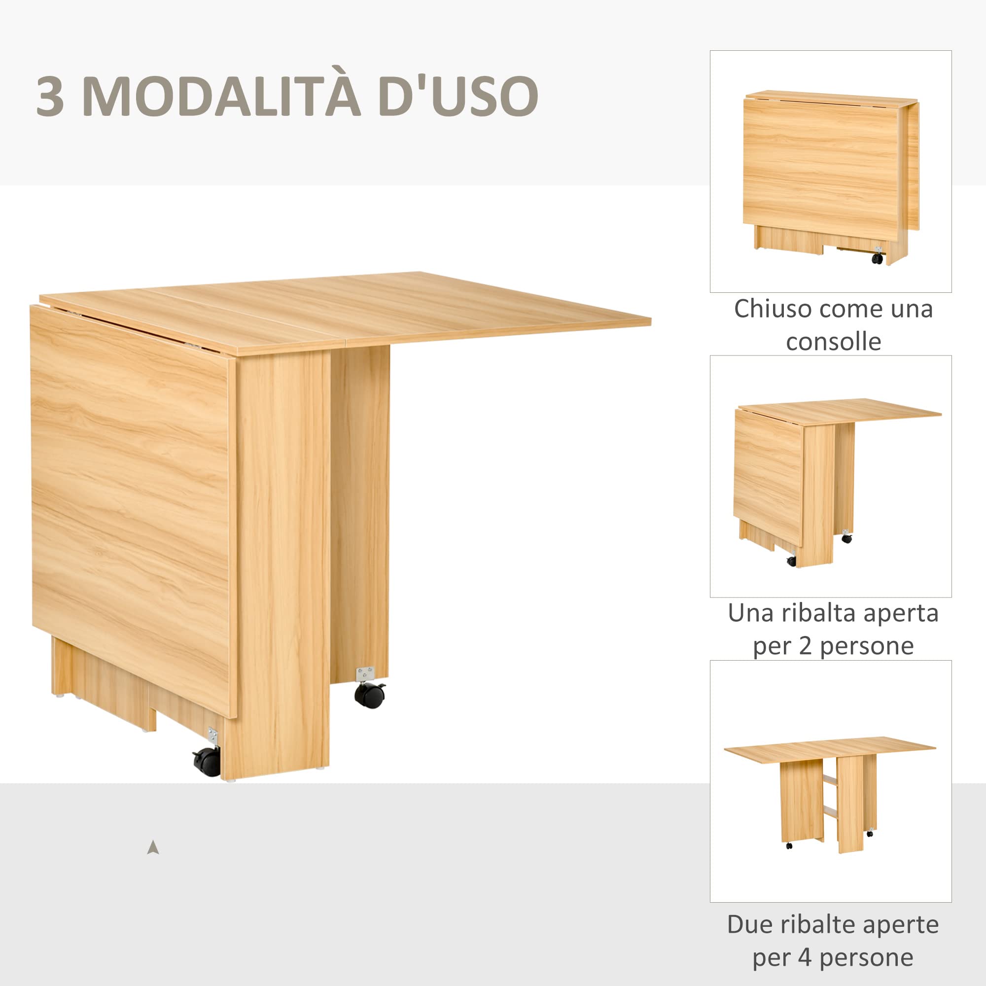 HOMCOM Tavolo da Pranzo Pieghevole con Ruote 140x80x74 cm Legno Naturale | Tavolo Cucina a Ribalta, Ruote a Freno, per 4-6 Persone, Scrivania Richiudibile con Ripiani, per Soggiorno