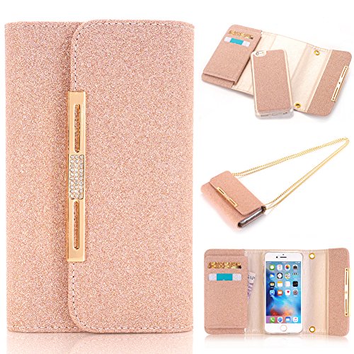 iNextStation [Folio Style] Bling Wallet Pouch Card Slot PU Leather Case Cover & Chain Premium Cases STAND Feature for Apple iPhone 8 Plus/iPhone 7 Plus (Pink)