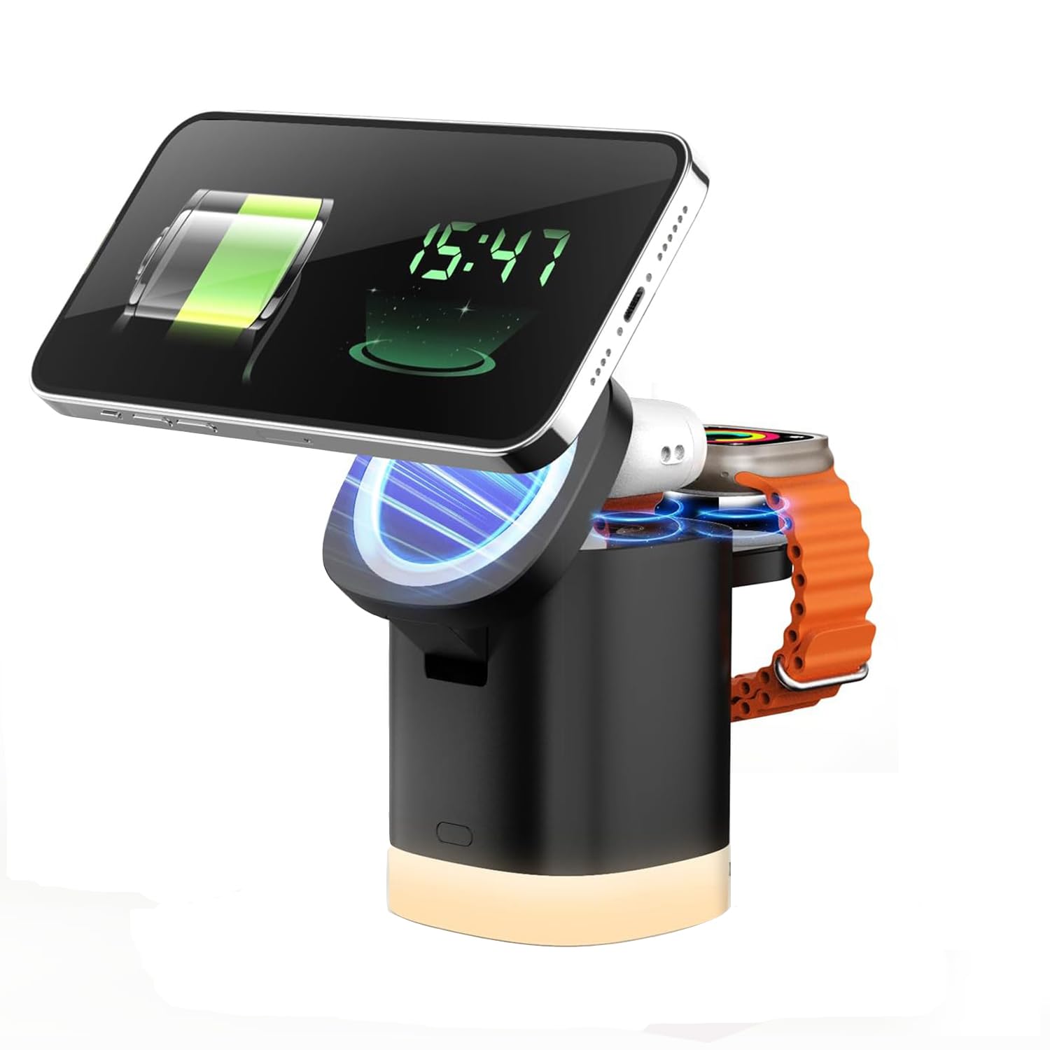 GEEKERA 3-in-1 Magnetic Charger Stand, Foldable Station with Night Lights, Magnetic Charger Dock for iPhone 16/15/14/13/12 Pro/Max, AirPods 4-2,Apple Watch 2-10/Ultra(Black)