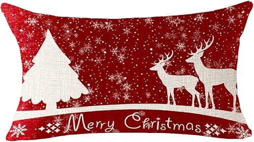 Miniatura 1 de Funda de cojín decorativa lumbar con diseño de copo de nieve de Feliz Navidad con fondo rojo para cama, sofá, vacaciones al aire libre, 12 x 20