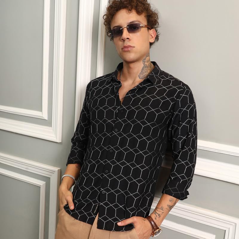 Image of CAHOOT Men's Hexagon-Lined Shirt | Casual Wear | Spread Collar | Long Sleeve | Button Closure | Shirt Crafted with Comfort Fit for Everyday Wear