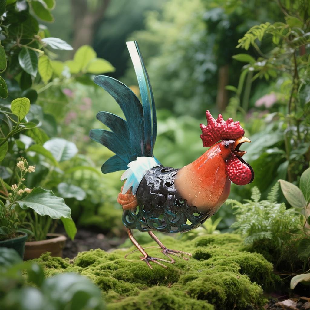 16.5" Whimsical Metal Rooster Garden Statue, Handmade Morning Crowing Rooster Sculpture with Green Tail Feathers, Rust-Resistant Iron Art for Yard, Farmhouse, Kitchen & Outdoor Decor