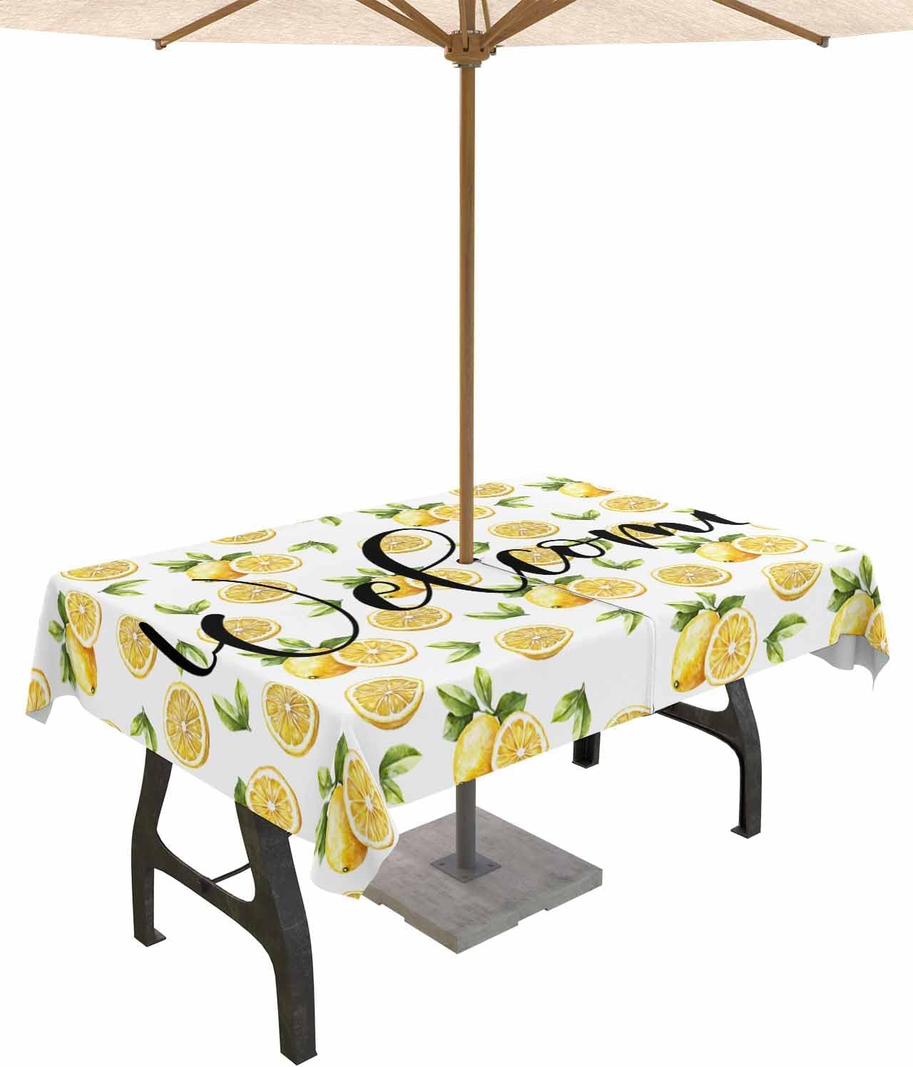 Outdoor Tablecloth with Umbrella Hole and Zipper 54" x 80" Rectangular Summer Lemon Pattern Welcome Water Repellant Table Cover Tabletop Collection for Party Patio Picnic