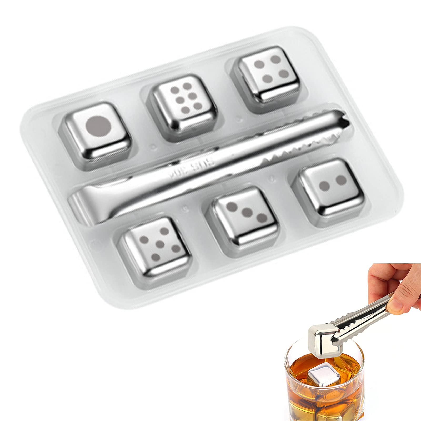 6 Piezas Whisky Chilling Stones Cubitos de Hielo Anti-deformación Reutilizable Acero Inoxidable Congelado Rápido Cerveza Fría Bar Suministros de Cocina,Dice
