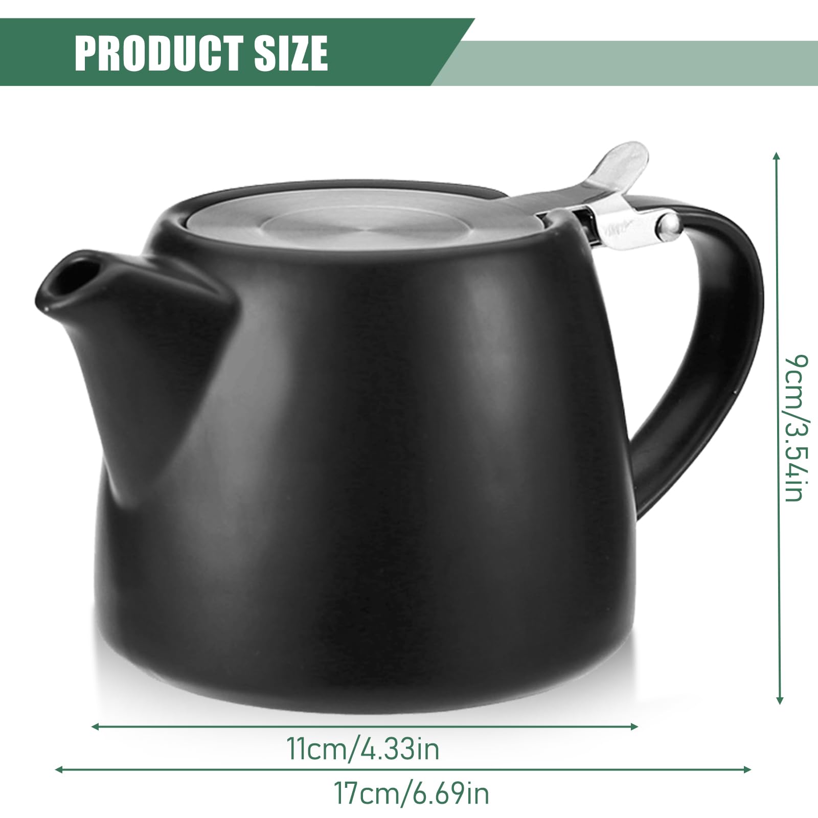 Tetera con filtro de 500 ml, tetera de cerámica negra con colador de acero inoxidable extraíble, tetera de porcelana para té suelto y bolsitas de té