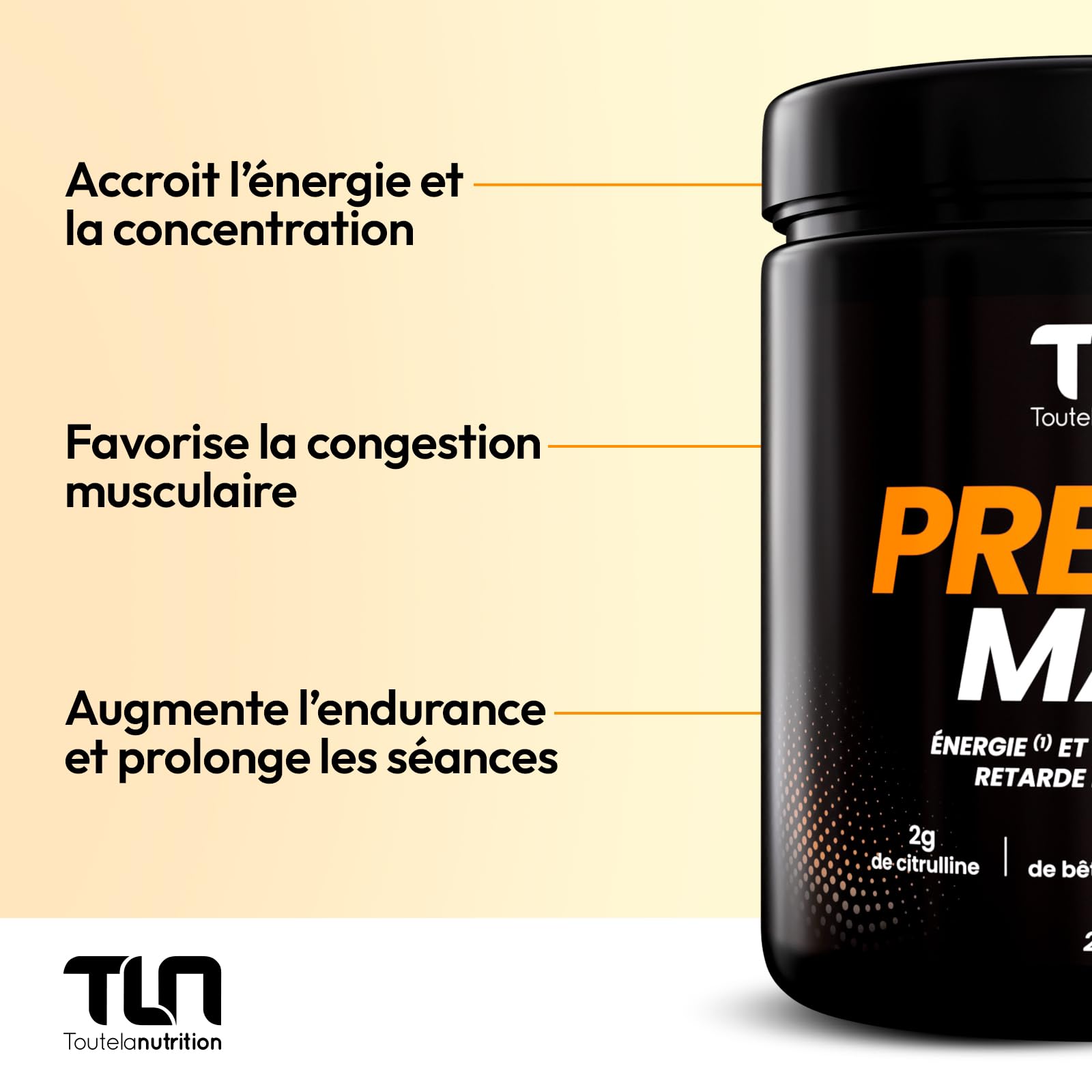 PREWO MAX | Pre-Workout avec Créatine, Caféine, Bêta-Alanine, Citrulline et Arginine | Énergie + Congestion Musculaire | Ginseng, Maca et Guarana | Saveur Fraise Citron | 255g de Poudre Vegan | TLN