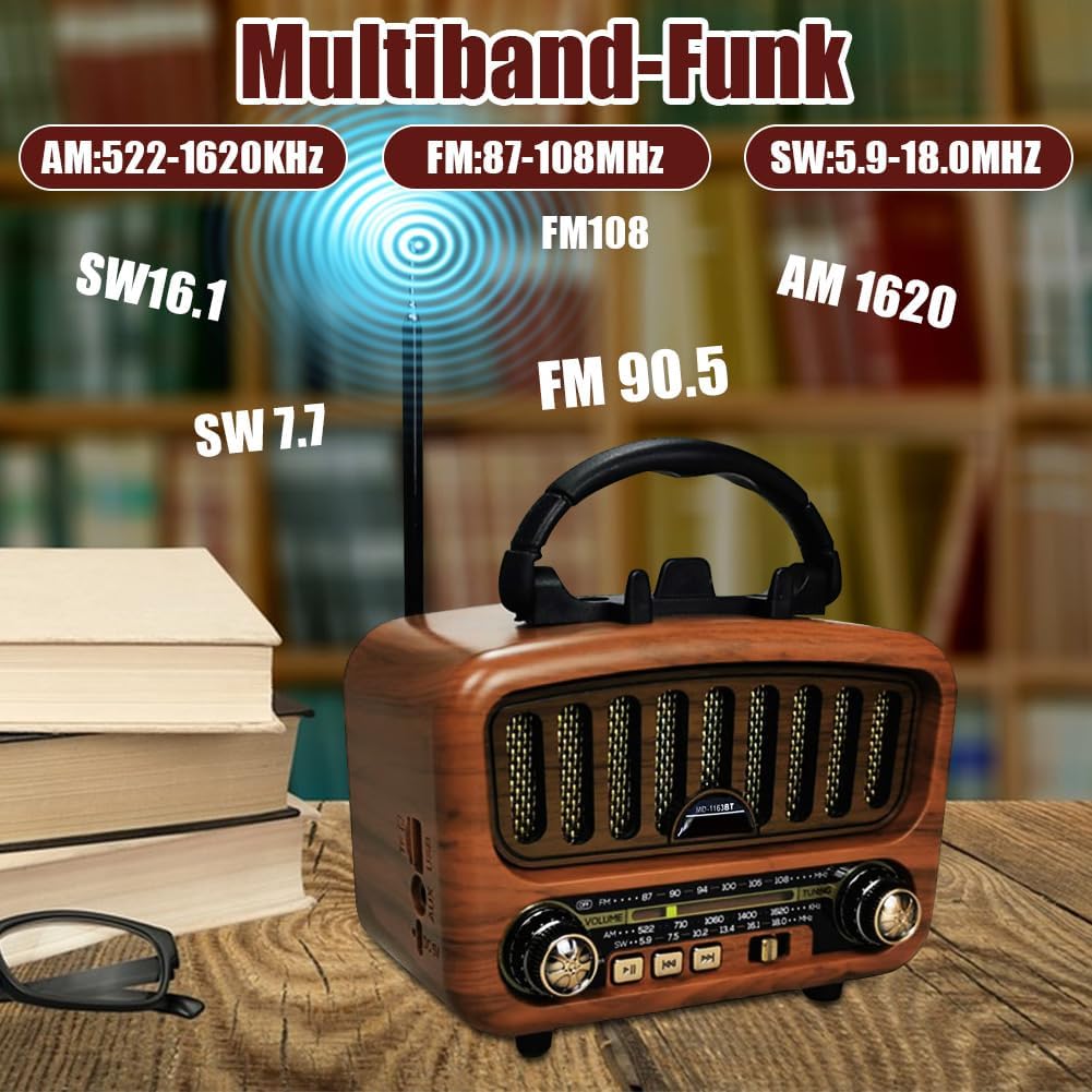 AM/FM/SW Retro Radio mit Bluetooth 5.0, Nostalgie Radios Klein mit 1800mAh Akku, Küchenradio & Kofferradio mit 5-W-Lautsprecher, Unterstützt USB/TF/AUX, Vintage Radio für Zuhause, Büro, Outdoor