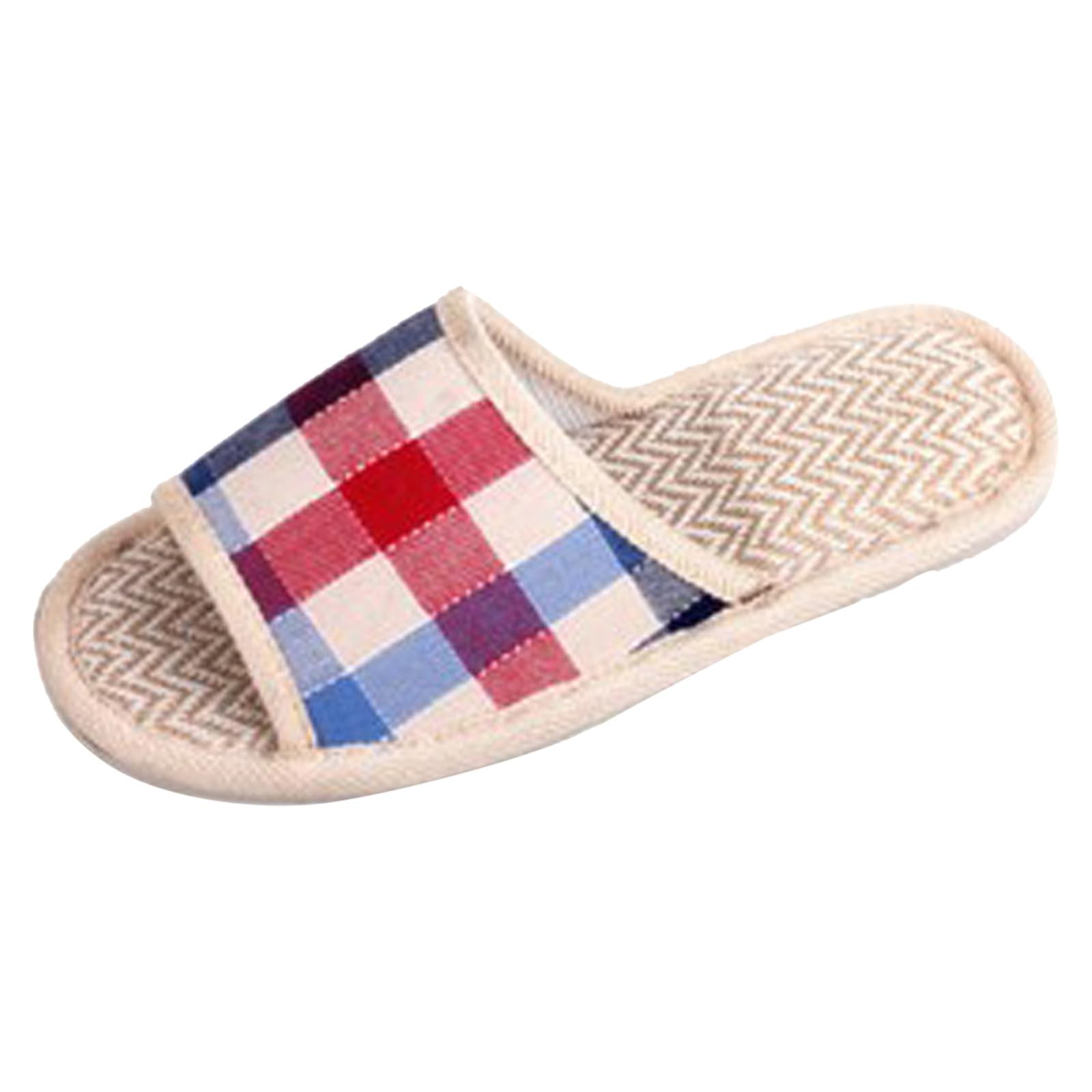 Men and Women Unisex Cotton Open-Toe Home Slippers Indoor Shoes Casual Flax Soft Non-Slip Sole Plaid Cloth Shoes RD1, 7