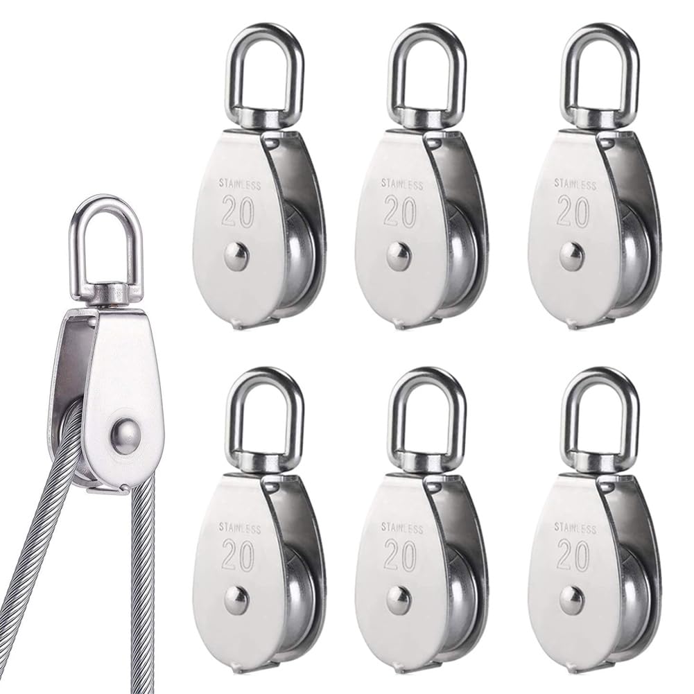 6 Stück M20 Drehbare Umlenkrollen Einzelrolle Edelstahl 304 für 8mm Seile | 360 Grad Drehbare Umlenkrolle mit Festem Auge,Tragfähigkeit: 75 kg