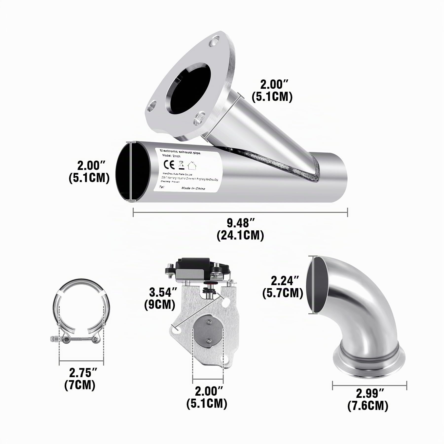 Kit de silenciador de escape eléctrico de 51mm 2" en acero inoxidable con interruptor de válvula y control remoto