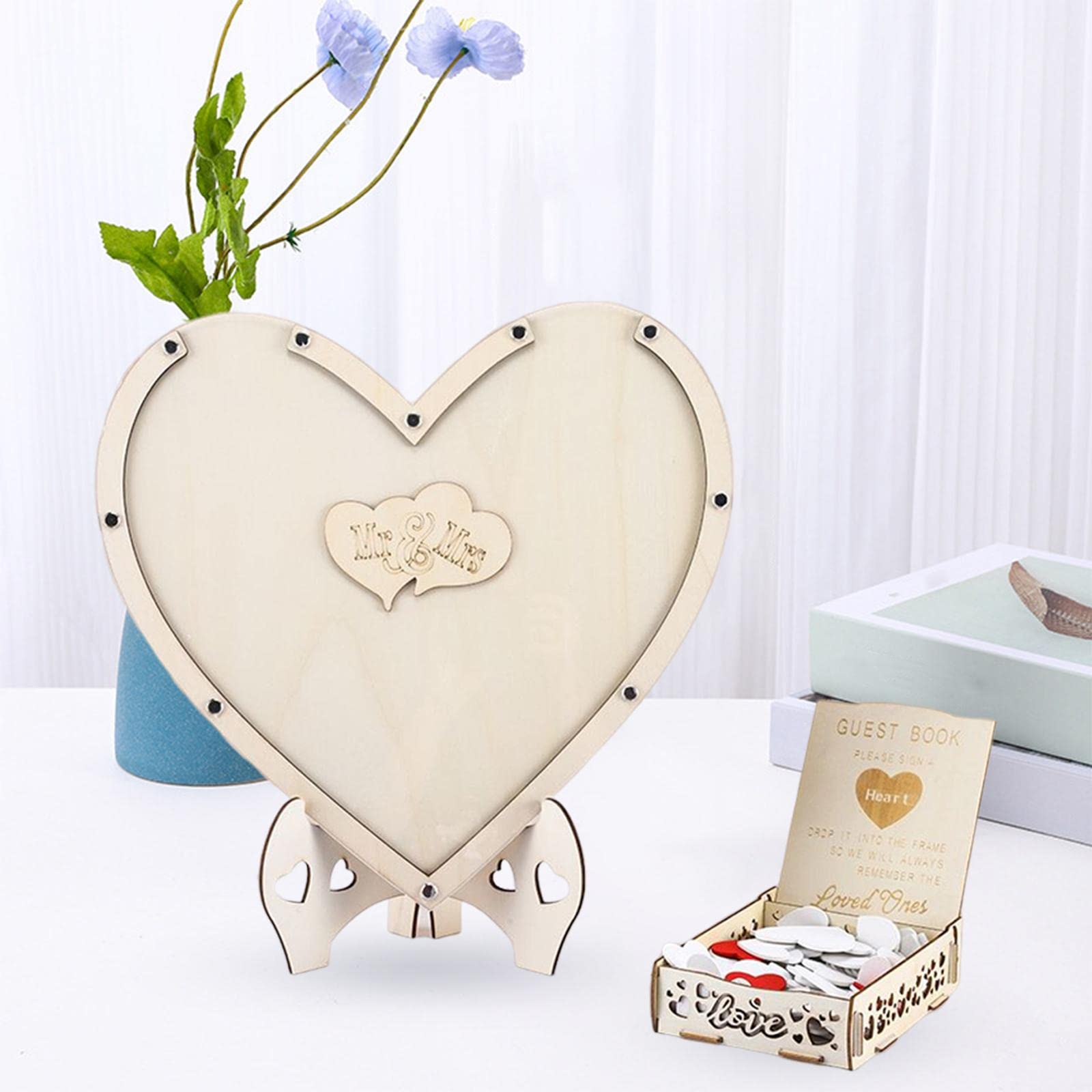 Libro de Firmas para Bodas en 3D con Marco de Madera en Forma de Corazón Y 80 Corazones de Madera para Aniversario.
