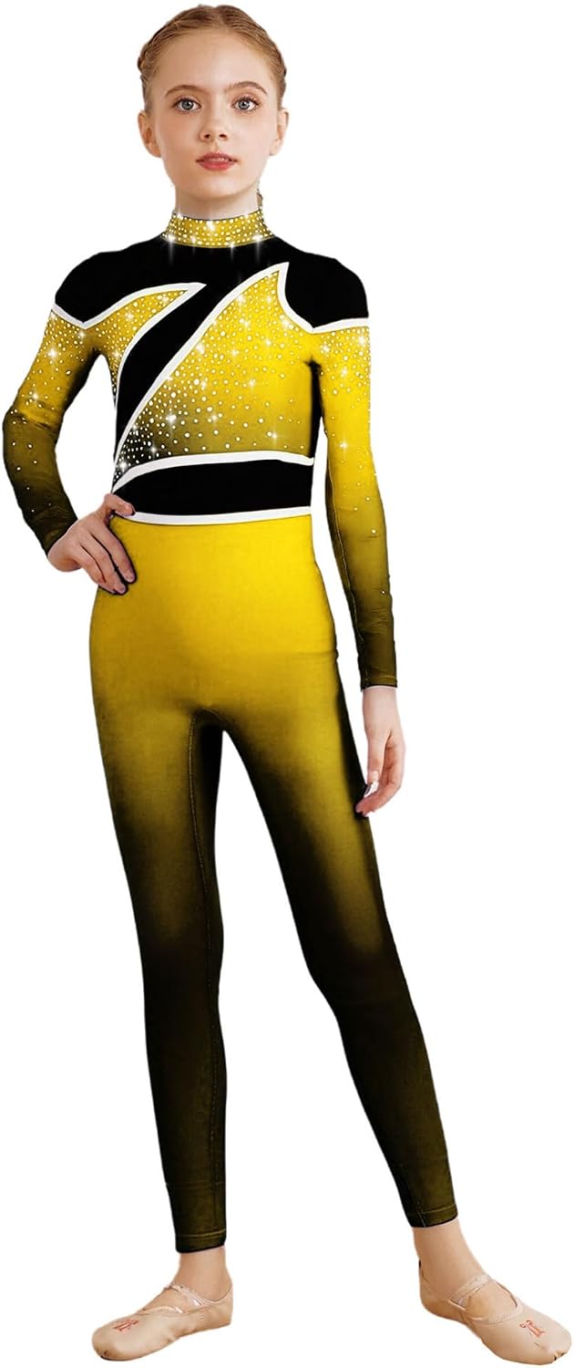 Agoky Kids Girls Gradient Color Block Full Body Dance Leotard Rhinestone Skating Jumpsuit Gymnastics Unitard