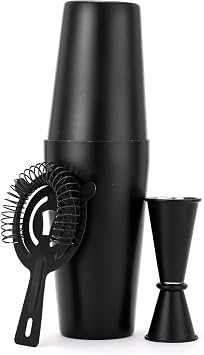 JNWINOG Cocktail Shaker Set 4-Piece Boston Shaker Kit with 20oz/25oz Shaker,Strainerand 0.5/1oz Double JiggerBar Set for Home Drink Mixer Bartendiing Matte Black, 20oz/25oz