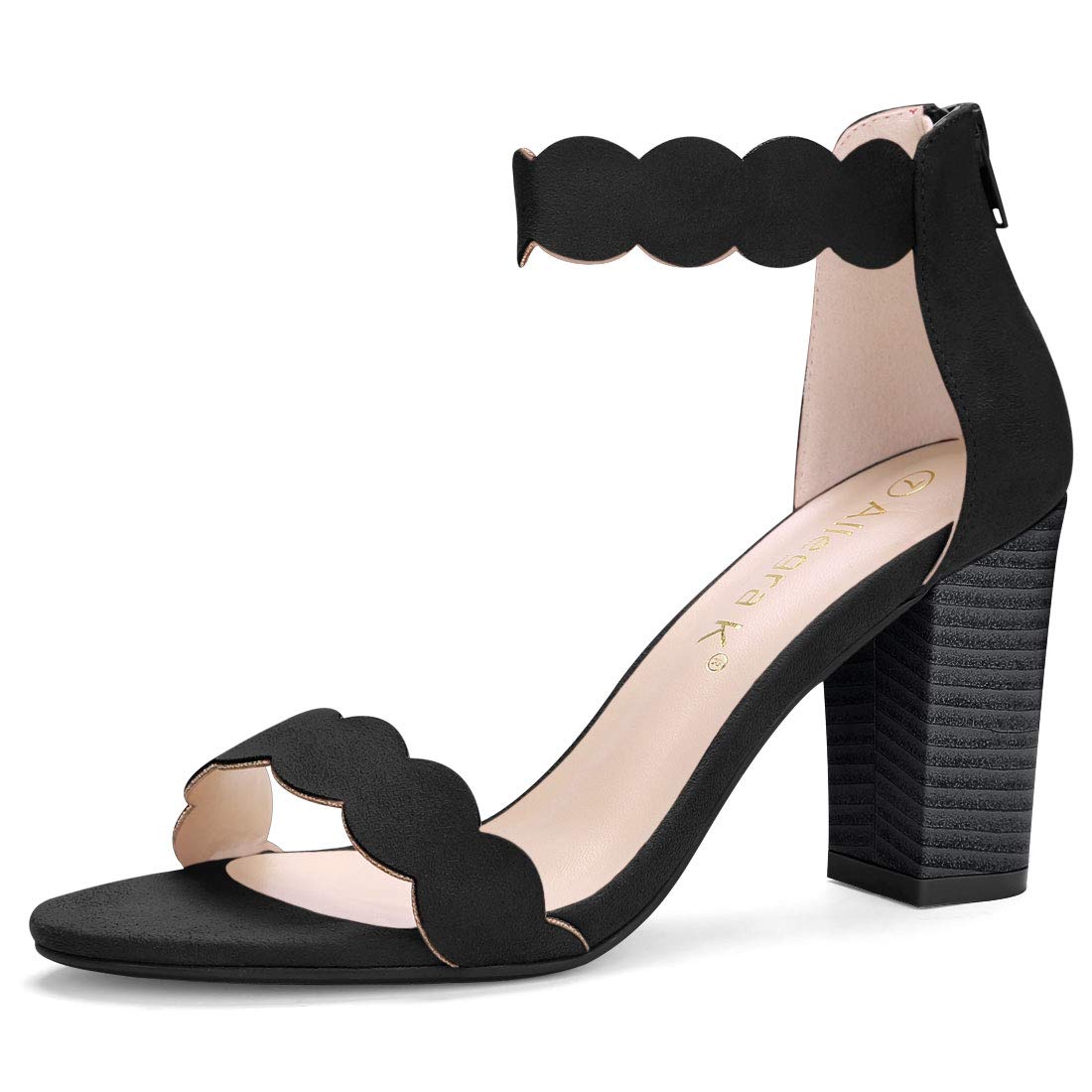 Allegra K Women's Open Toe Scalloped Black Ankle Strap Block Heel Sandals - 11 M US