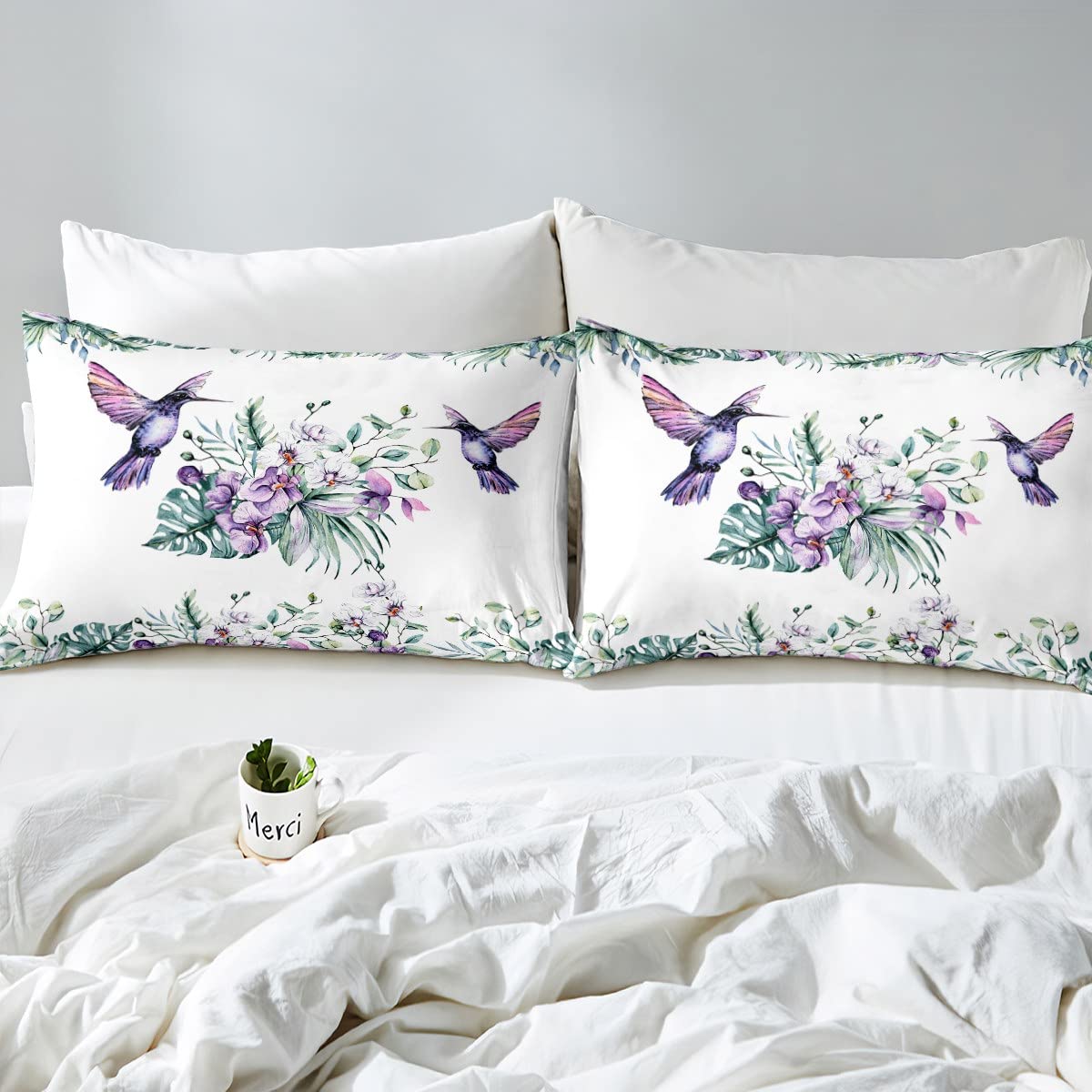 Juego de ropa de cama de colibrí con flores moradas para niños y niñas, funda de edredón con diseño floral de jardín de lavanda, hojas de palma tropicales, juego de cama Super King, decoración de