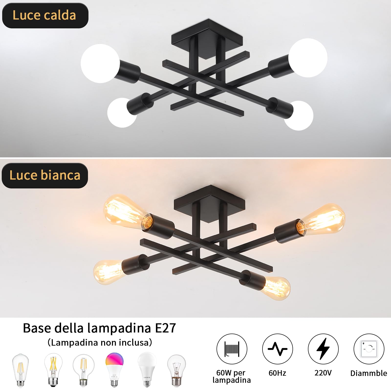 Sputnik Plafoniere da Soffitto Lampadario Industrial Lampada Soffitto E27 | Lampadari Moderni 4 Luci per Soggiorno Camera da Letto Cucina Ccorridoio Sala da Pranzo, Nero