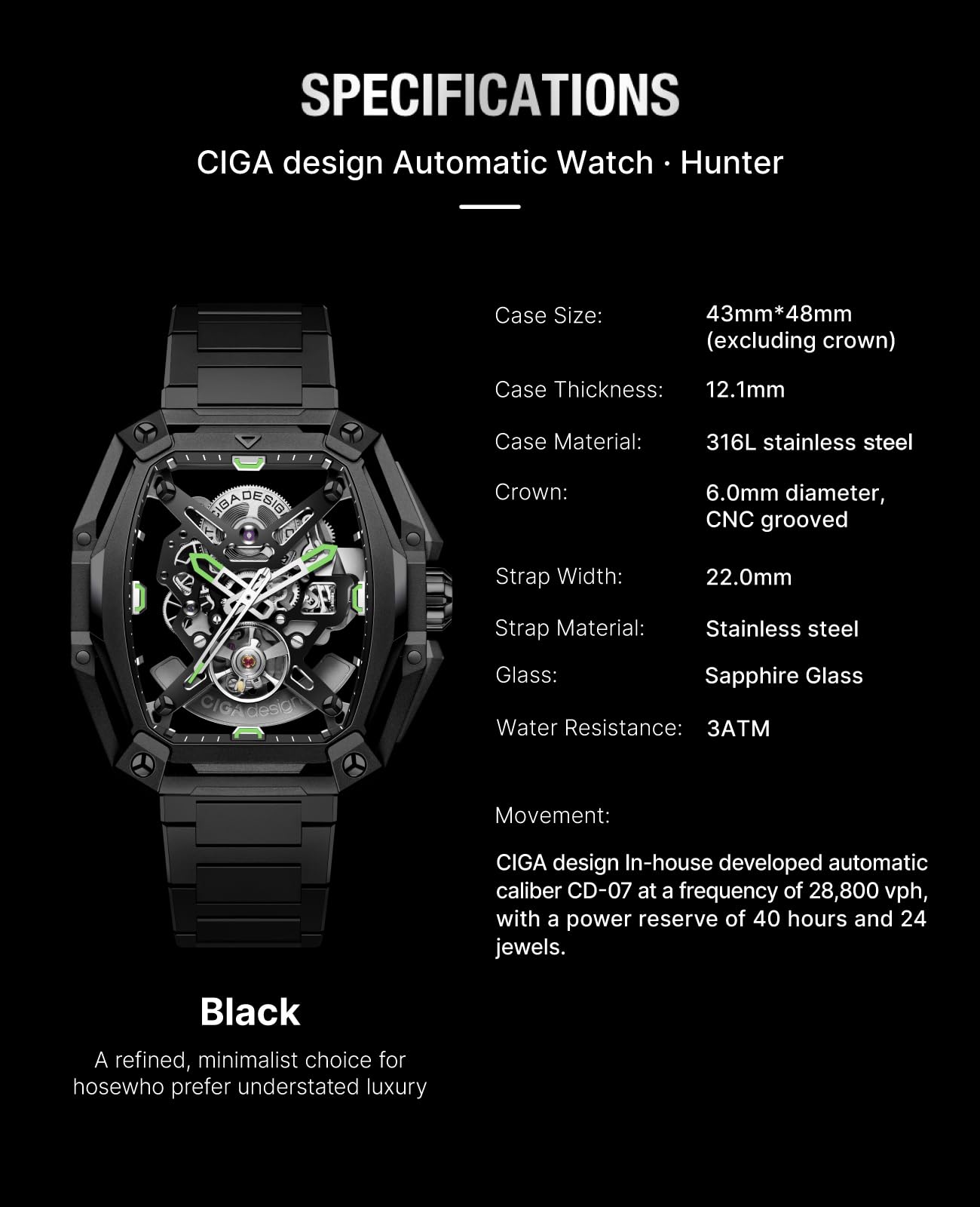 CIGA Design Hunter Orologio Meccanico Automatico Uomo | Scheletratura Fronte-Retro